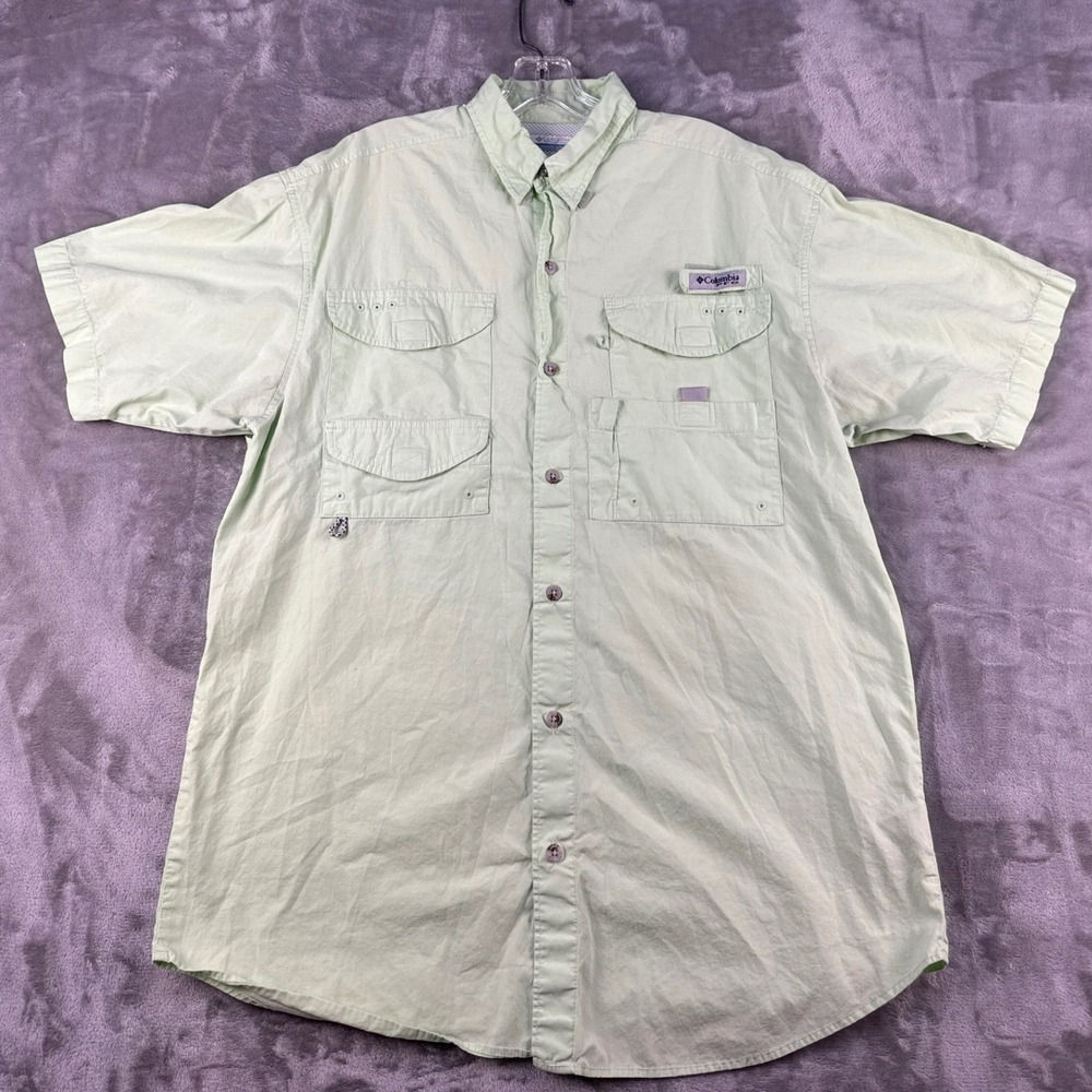 Columbia Fishing Shirt Mens Small PFG Pale Green Short Sleeve Button Down EUC